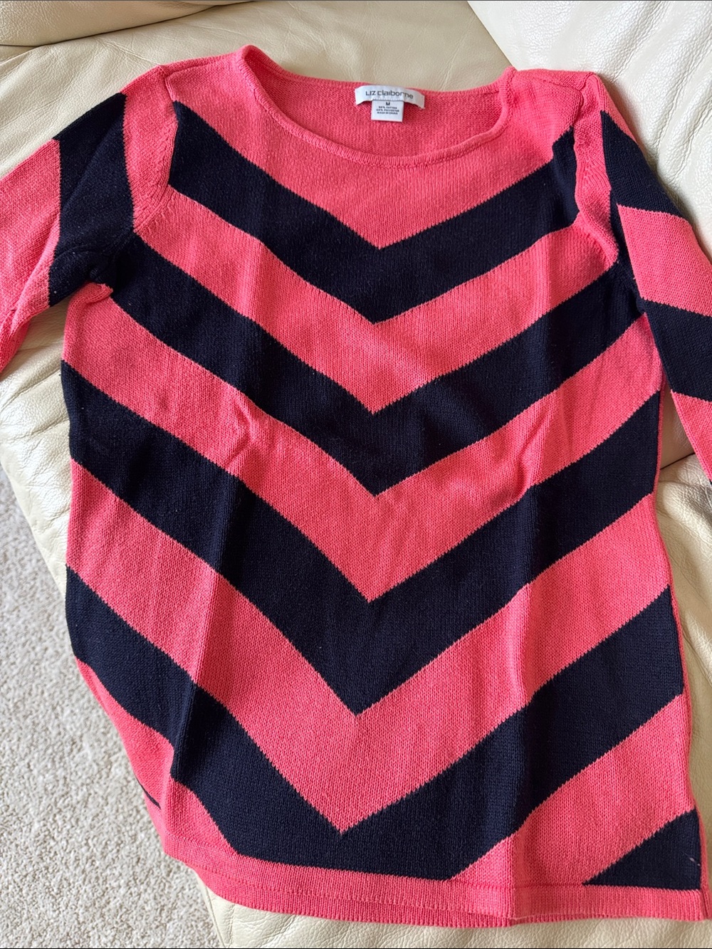 Liz Claiborne Coral and Black Chevron Crewneck Sweater